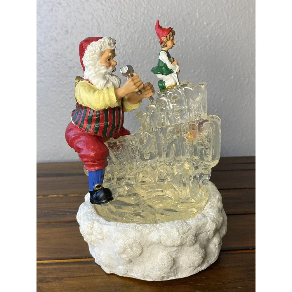 Vintage Santa Claus Elves Musical Lighted MERRY CHRISTMAS Ice Carving 7.5” Gift